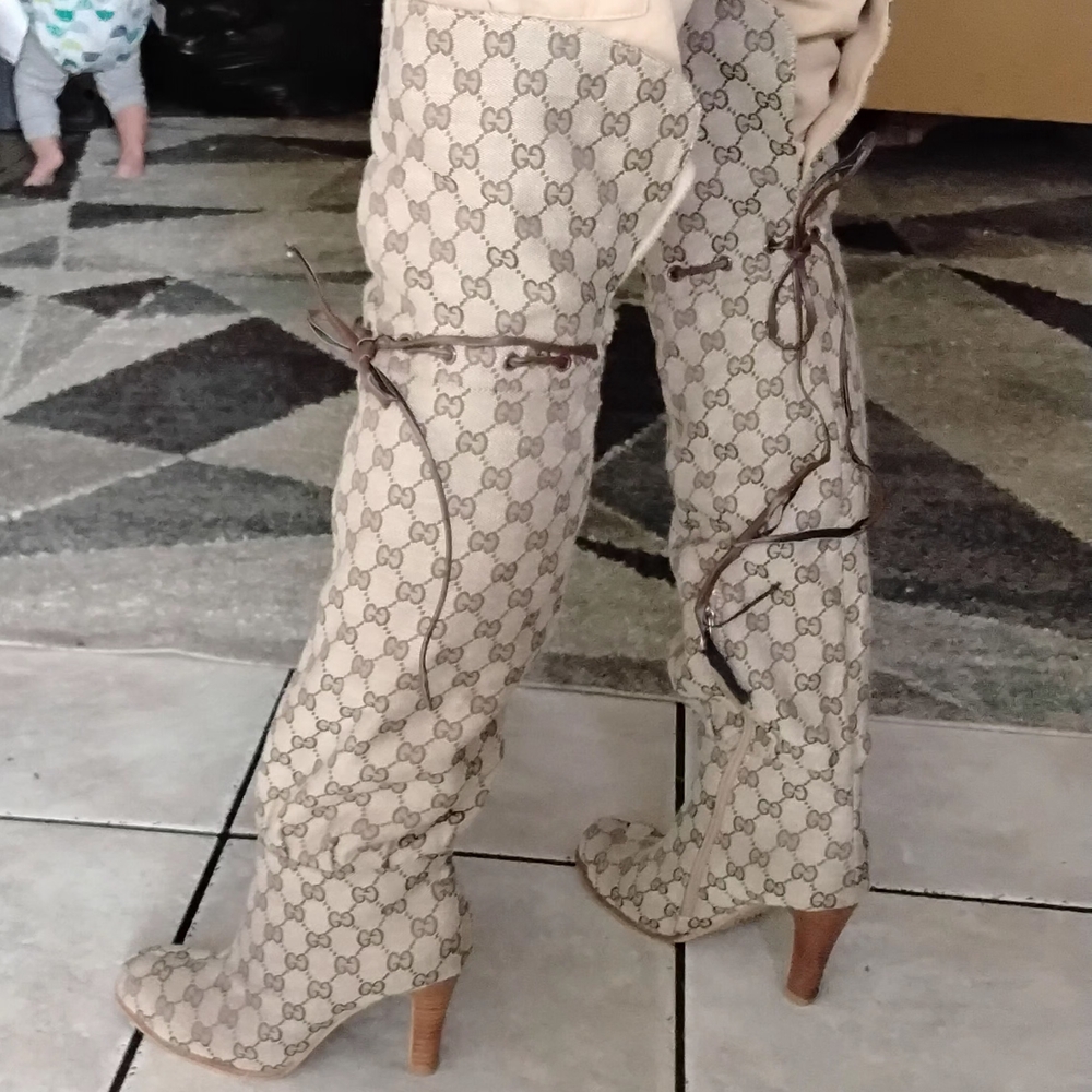 Gucci Beige Patterned Knee-High Boots